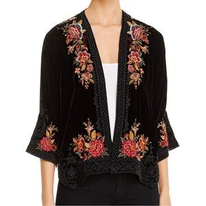 Johnny Was Zaret Embroidered Floral Red Black Velvet Bolero Jacket Boho Size M